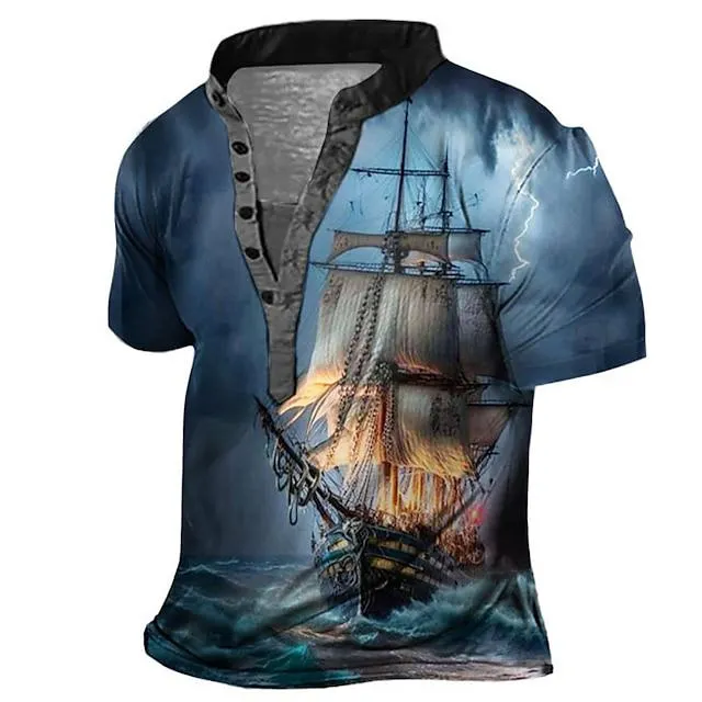 Pirate Ship Casual Mens 3D Shirt | Green Summer Cotton | Henley Graphic Clothing Apparel 3D Print Outdoor Daily Short Sleeve Button Down Fashion Comfortable