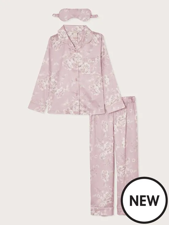 Girls Satin Roses Pyjamas And Mask - Pink