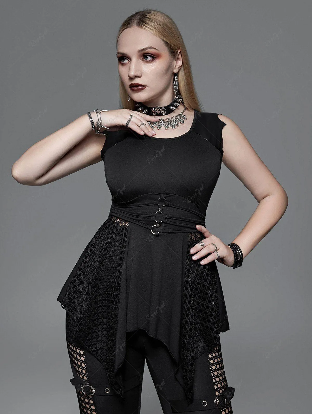 Gothic Fishnet Panel Rings Bat-shaped Sleeve Asymmetrical Top - 1x | Us 14-16