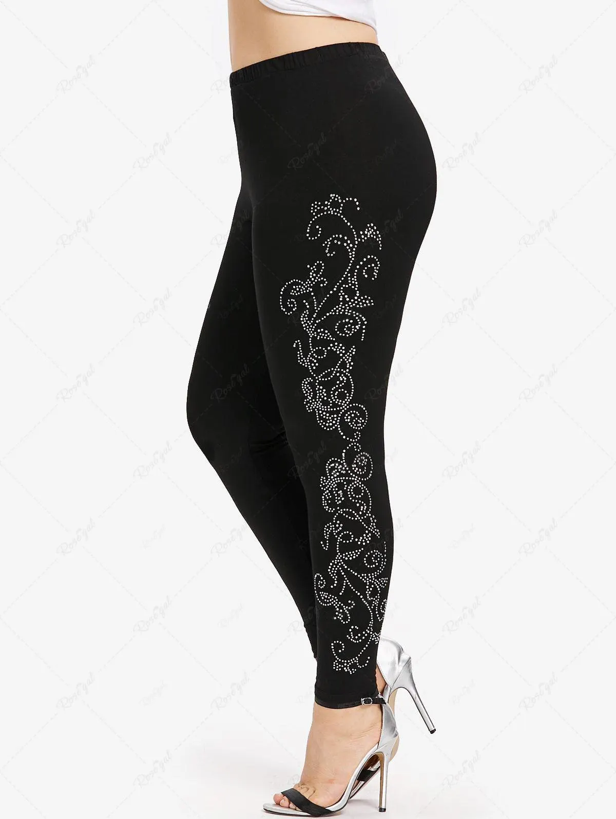 Plus Size Flower Pattern Rhinestones Leggings - M | Us 10