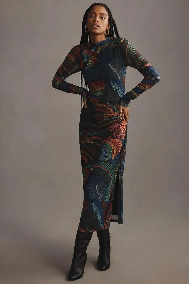 Farm Rio Long-Sleeve Mock-Neck Mesh Slim Midi Dress