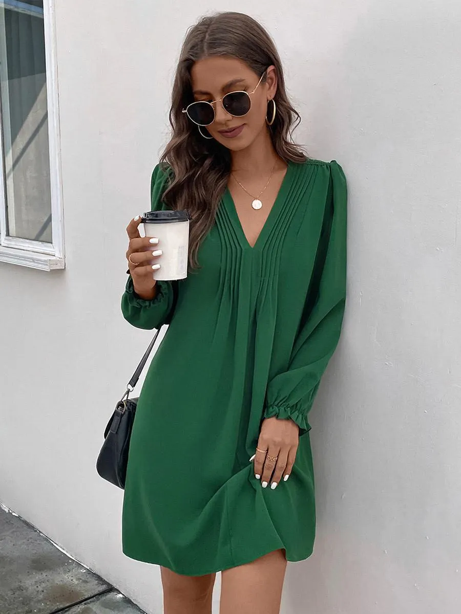 Shift Dresses Long Sleeves Elegant V-Neck Green Tube Dress