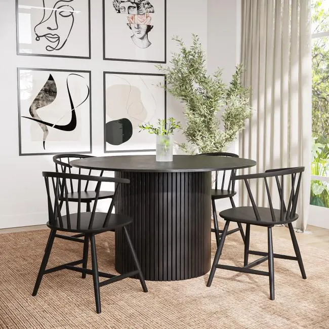Round Black Dining Table with 4 Black Spindle Dining Chairs - Jarel