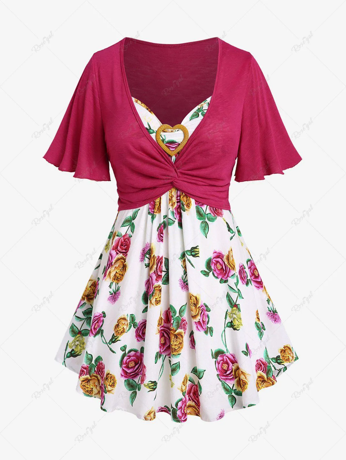 Plus Size Twist Cropped Top and Floral Heart-shaped Ring Cami Top - 3x | Us 22-24