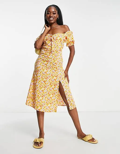 Influence puff sleeve midi tea dress in orange floral print