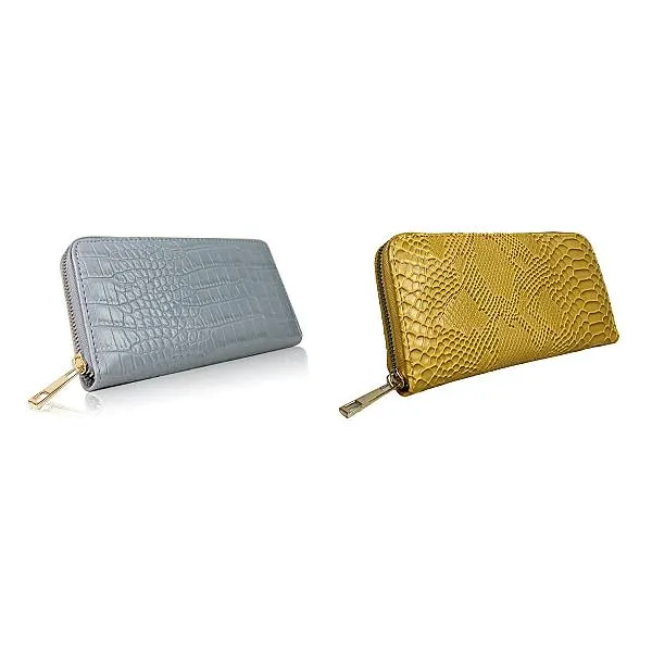Closeout Deal - Set of 2 - Snake Pattern Zip Around Wallet - Blue and Mustard