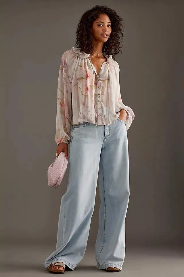 By Anthropologie Floral Blouson-Sleeve Blouse
