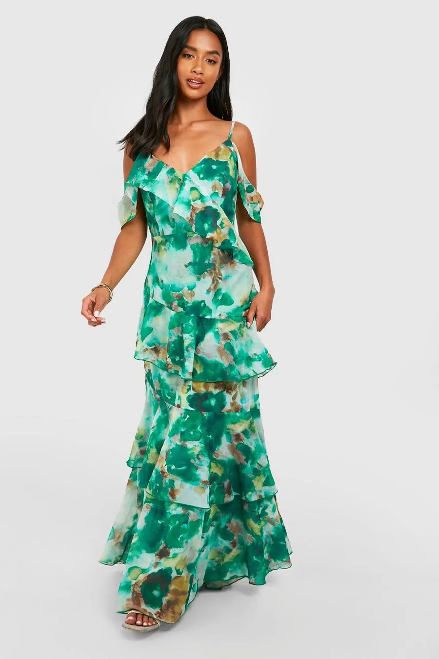 Petite Asymmetric Chiffon Tiered Ruffle Floral Maxi Dress