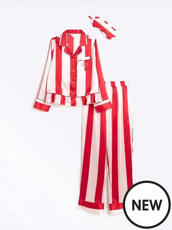 Girls Stripe Christmas Satin Pyjama Set - Red