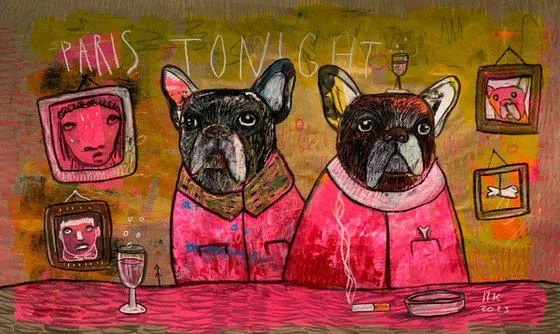 French bulldogs in Parisian café. (2023)