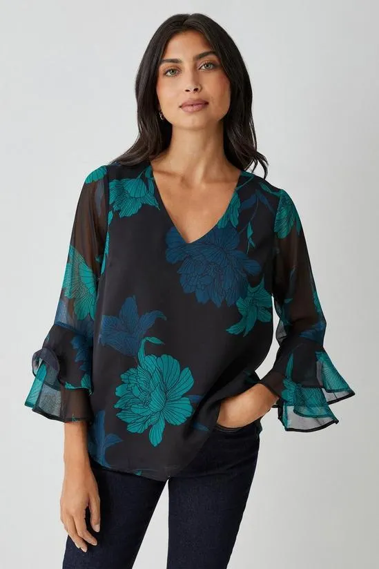 Black Floral Flute Sleeve Top