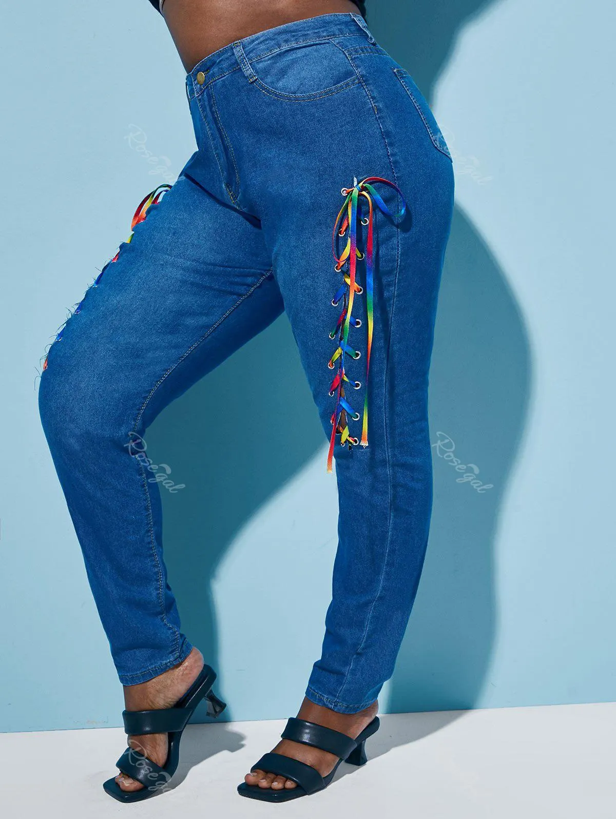 Skinny Colorful Lace Up Front Plus Size Jeans - 4xl