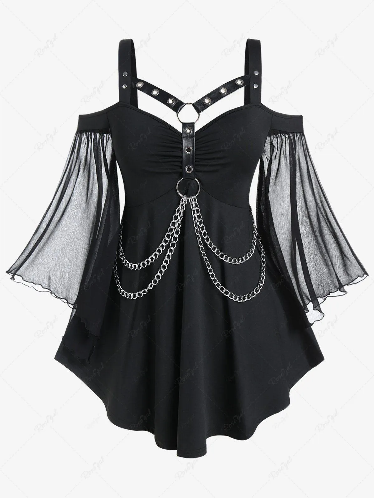 Gothic Cold Shoulder Butterfly Sleeve Chains Harness Tee - 3x | Us 22-24