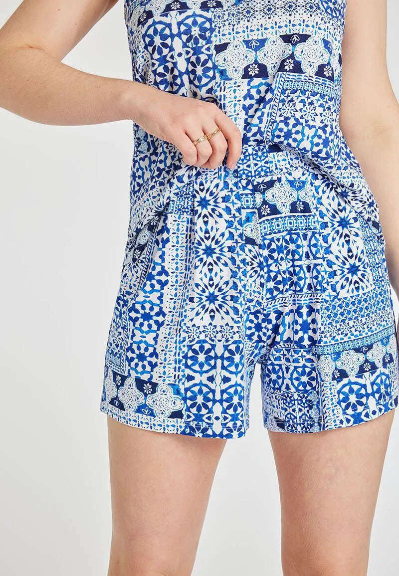 Womens Blue Tile Print Shorts