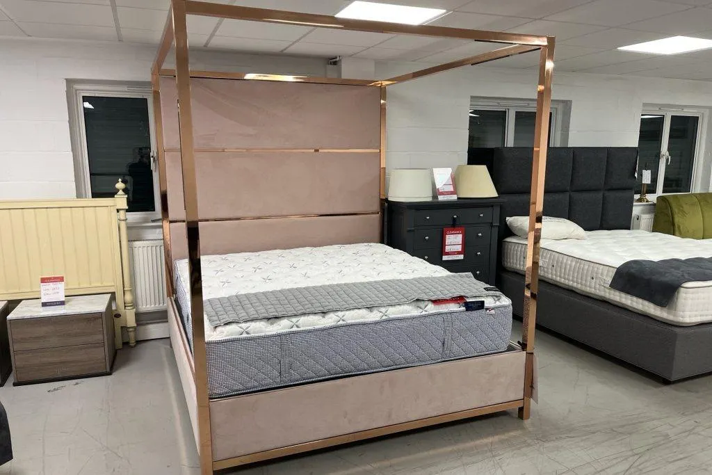 Hoxton Rose Gold Four Poster Bedstead + Vispring Prestige base - Superking size - Ex Display.
