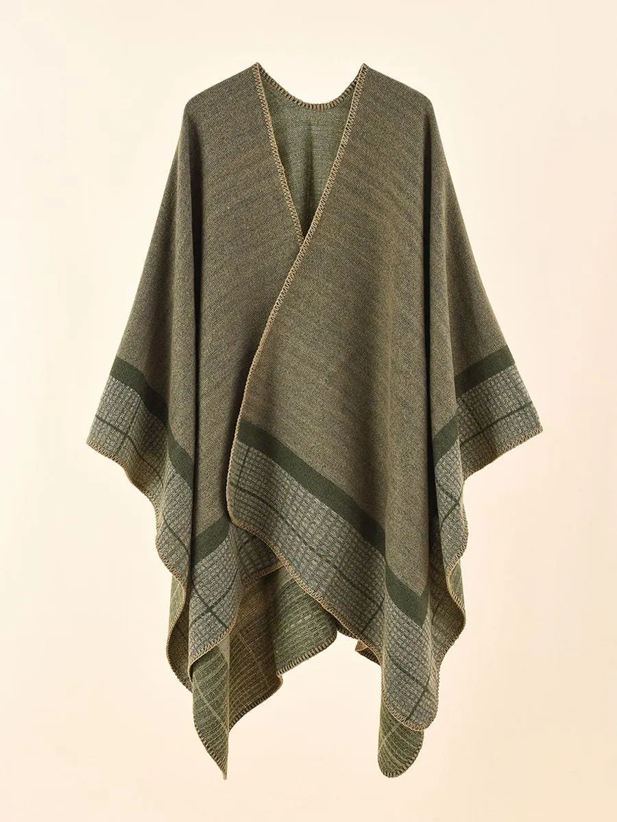 Women Poncho Plaid Olive Cape