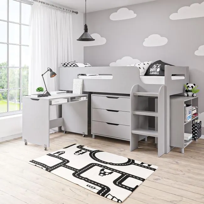 Grey Mid Sleeper Cabin Bed with Storage and Desk - Dynamo