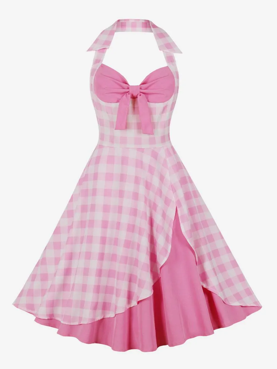 Barbie Pink Gingham Dress 1950s Audrey Hepburn Halter Vintage Dress