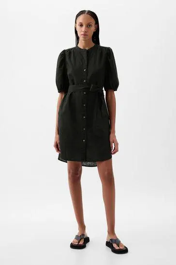 Linen Blend Short Puff Sleeve Mini Shirt Dress