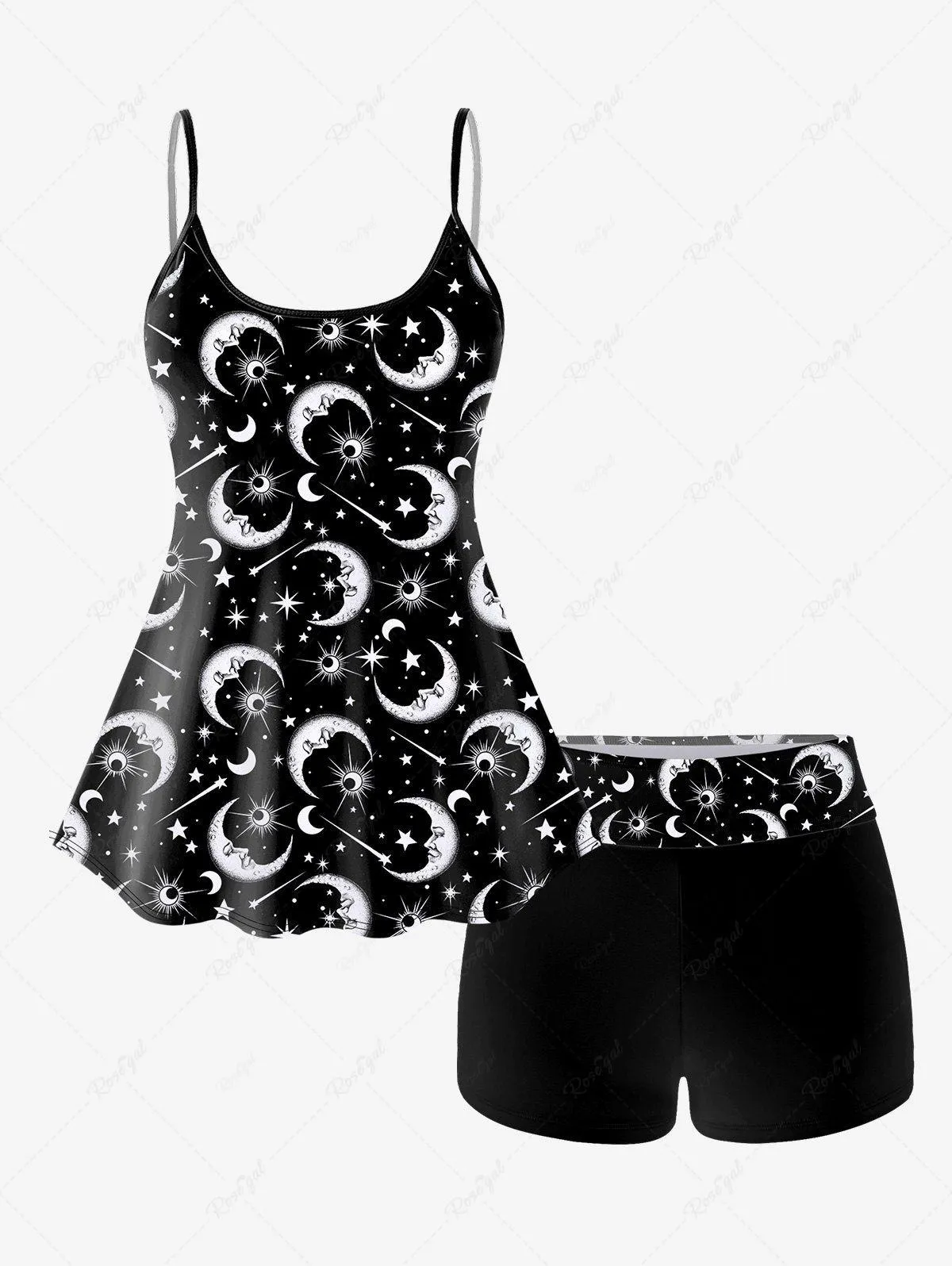 Gothic 3D Moon Star Glitter Print Boyleg Tankini Swimsuit (Adjustable Shoulder Strap) - L