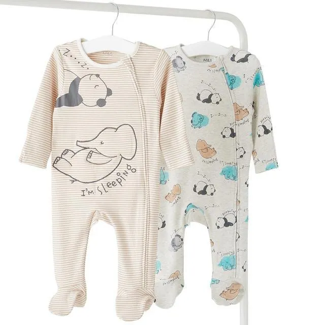 M&S Elephant SleepSuit, 2 Pack, Newborn- 3 Years, Grey Mix