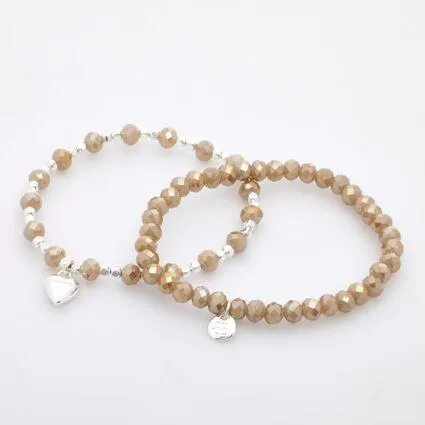 Two Pack Taupe & Silver Tone Beaded Bracelets