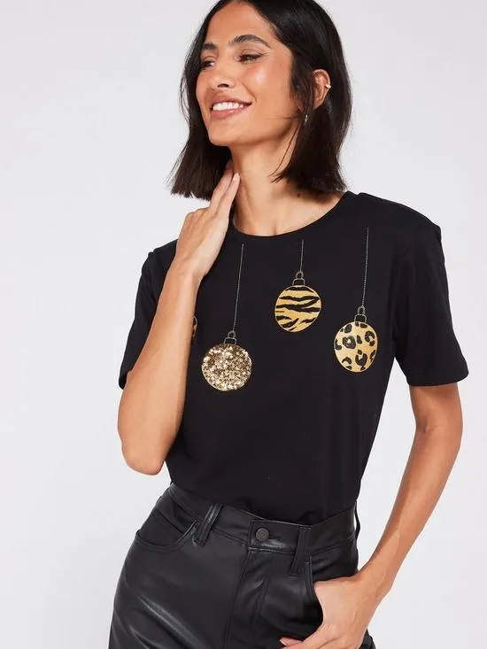 Glitter Baubles Christmas Slogan Tshirt - Black