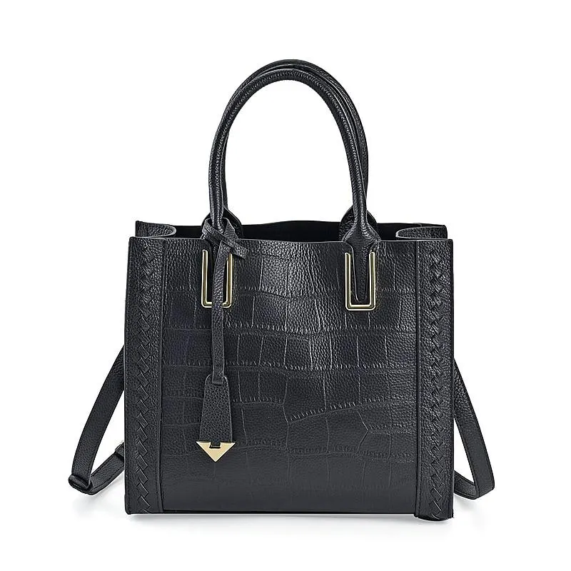 Genuine Leather Crocodile Embossed Crossbody Bag with Handle Drop - Black