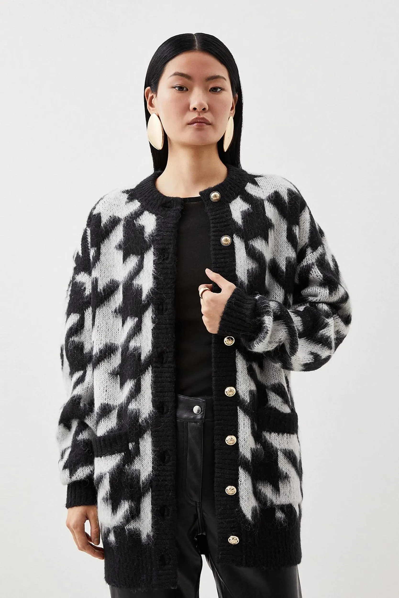 Brushed Jacquard Mono Houndstooth Knit Coatigan