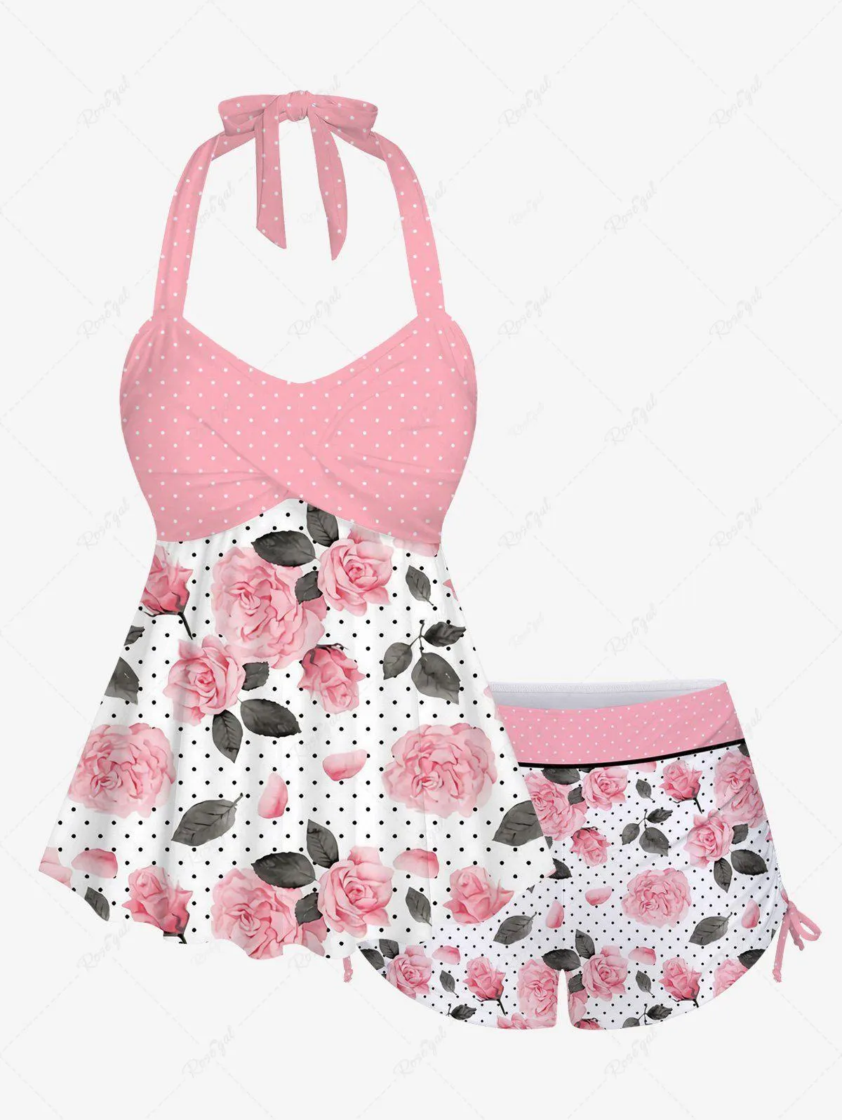 Flowers Dot Print Halter Twist Cinched Boyshort Tankini Set - 1x