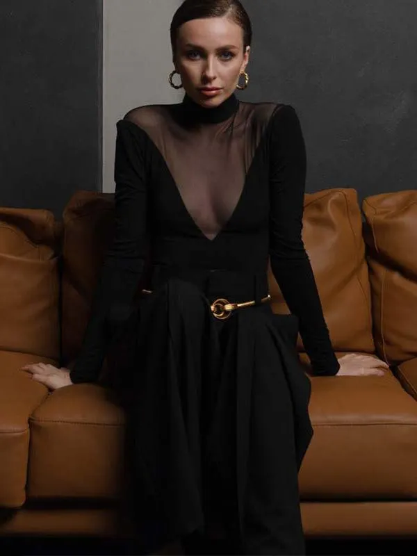 Long Sleeves Bodysuit Black High Collar Sexy Polyester Women Top