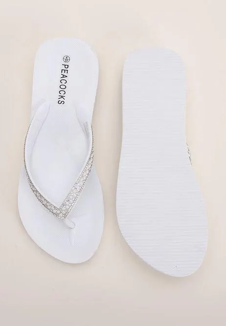 Womens White Jewel Wedge Flip Flops