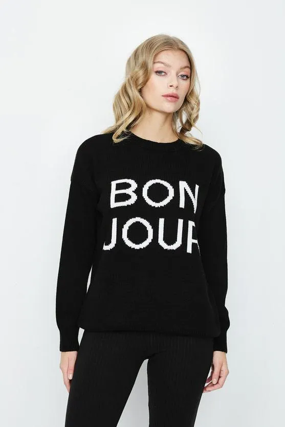 Black Bonjour Slogan Jumper