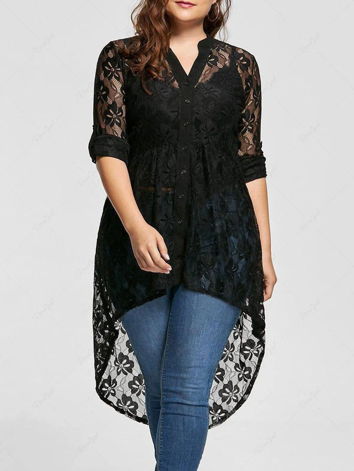 Plus Size Floral Lace High Low Buttons Blouse - 1x | Us 14-16