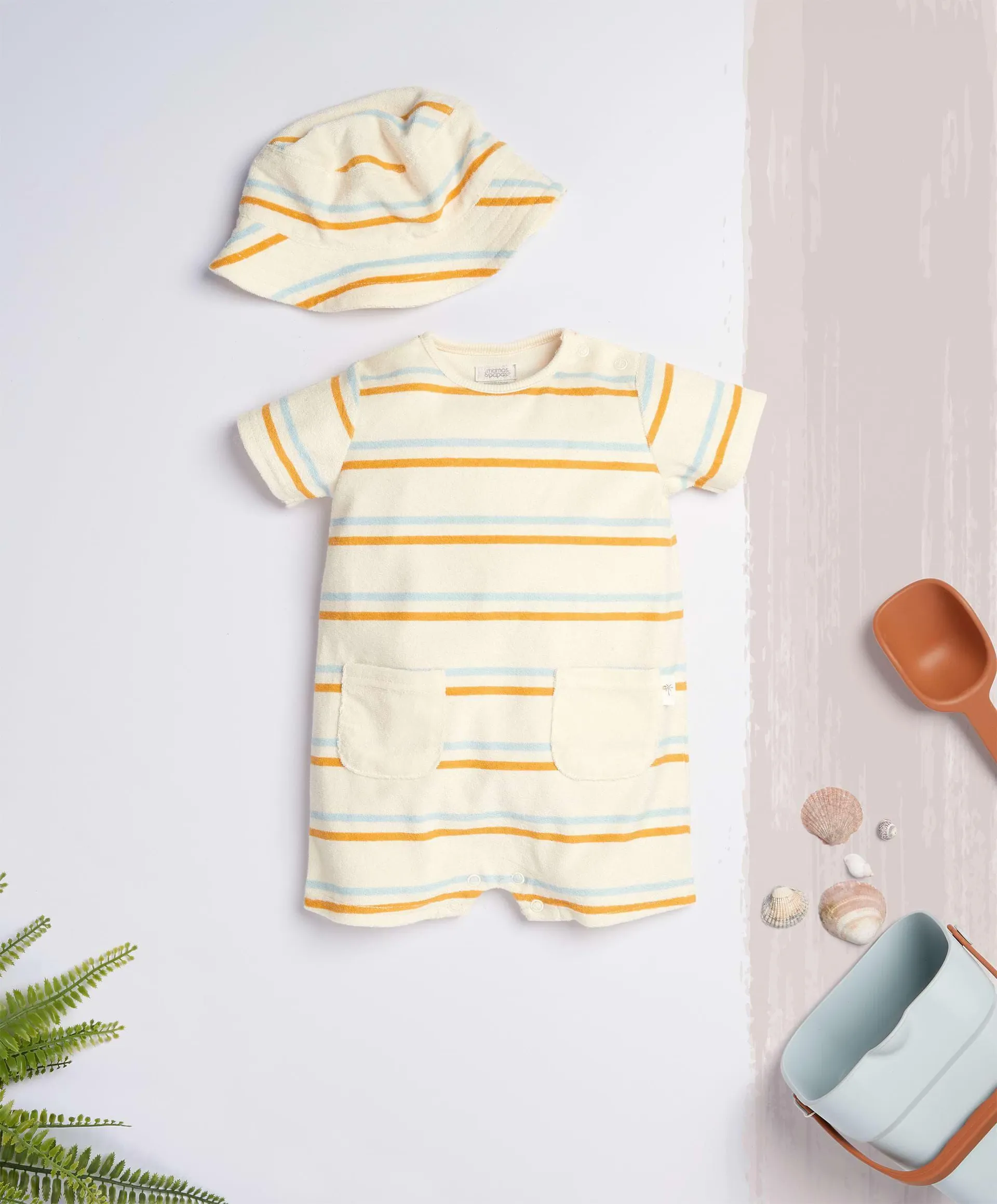 Towelling Shortie Striped Romper & Hat - 2 Piece Set