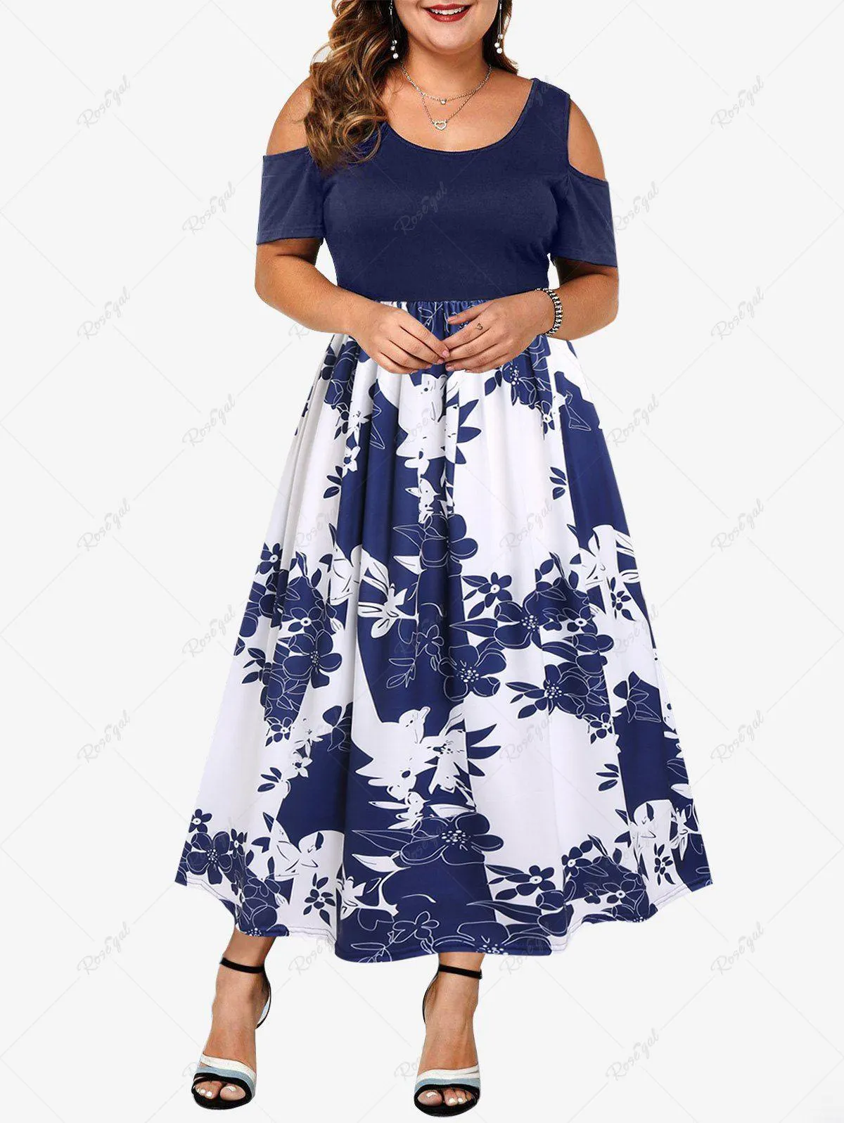 Plus Size Flower Printed Cold Shoulder A Line Midi Dress - 4xl
