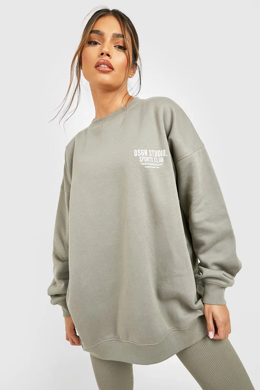 Khaki Sports Club Slogan Oversized Sweatshirt
