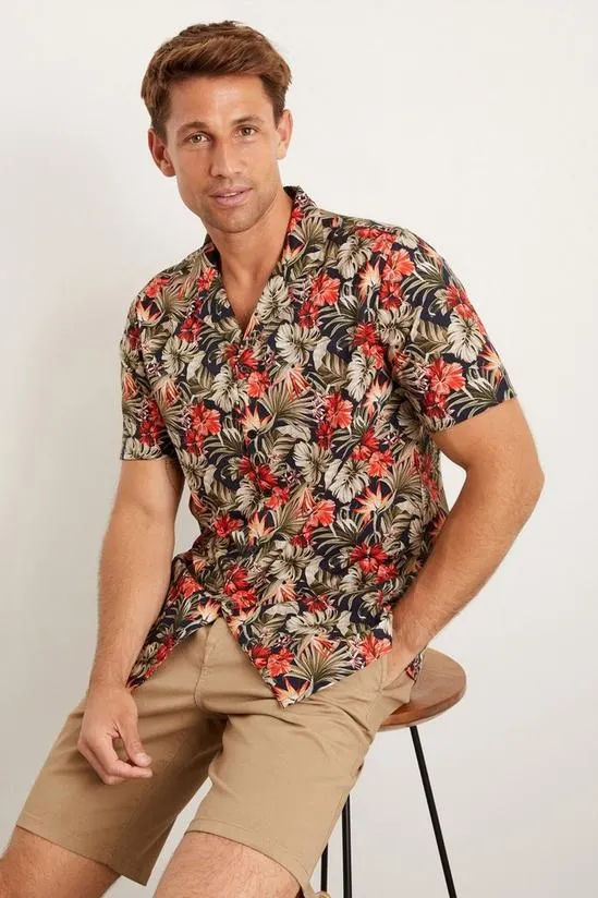 Short Sleeve Black Slub Hawaiian Shirt