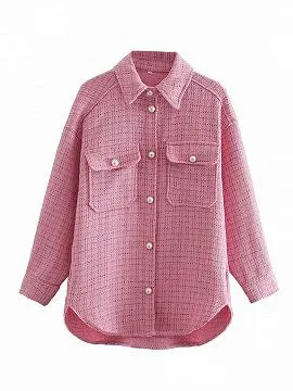 Pink Plaid Beaded Detail Long Sleeve Coat