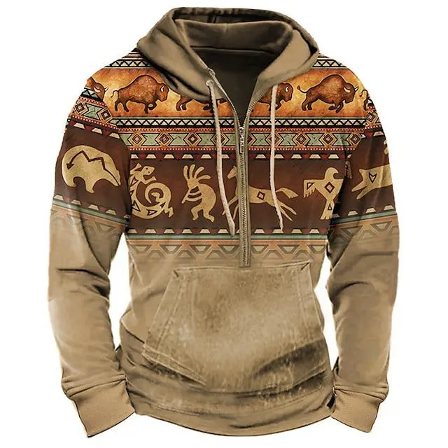 Color Block Tribal Graphic Prints Daily Ethnic Casual Men's 3D Print Zip Hoodie Holiday Going out Streetwear Hoodies Bronze Dark Green Orange Long Sleeve Half Zip Print Spring & Fall Designer