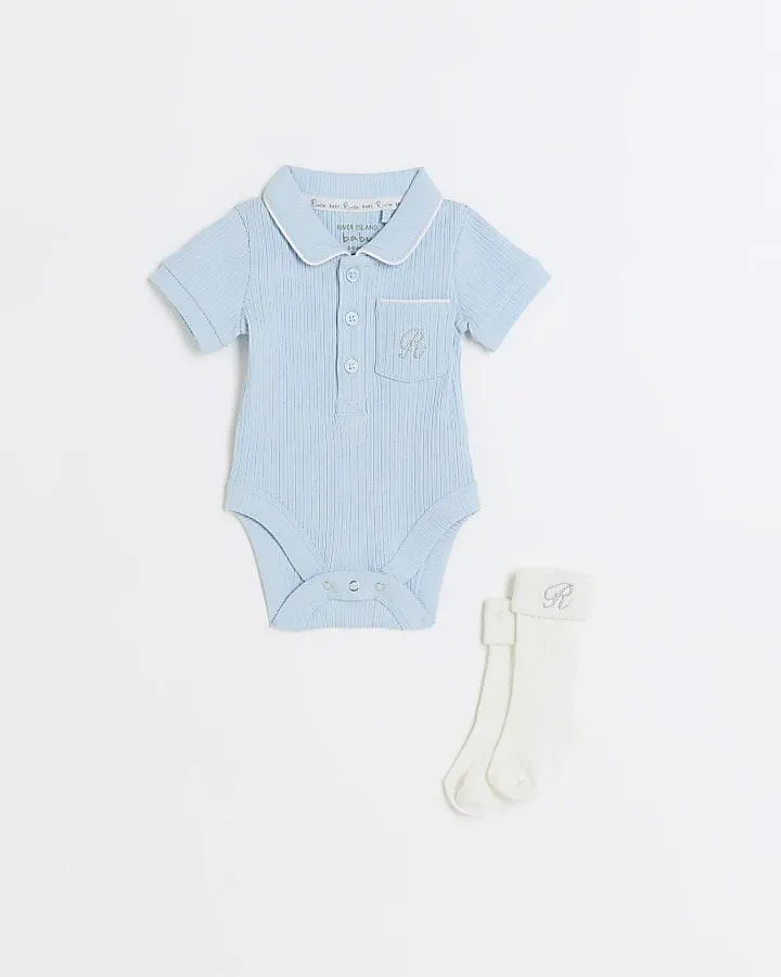 Baby boys blue Rib Bodysuit and Socks Set