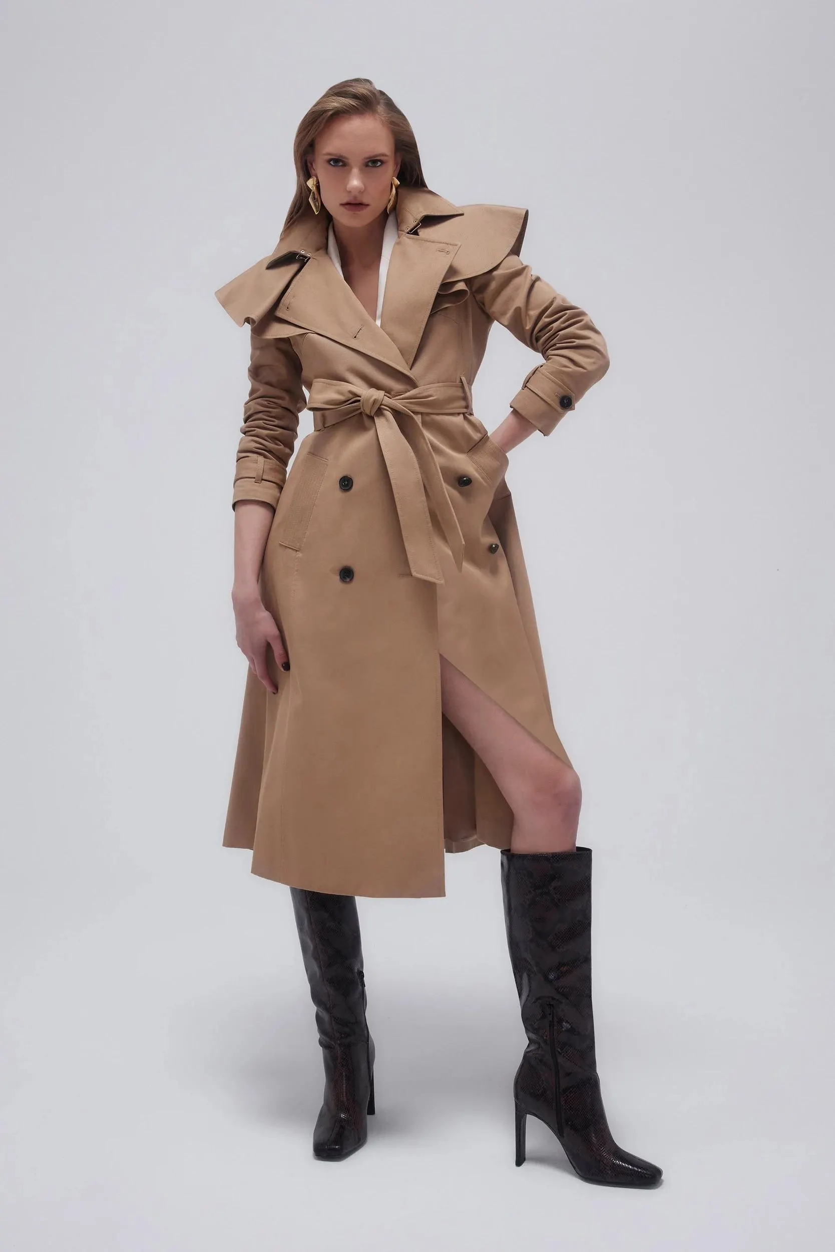 Tailored Draped Storm Flap Detail Belted Trench Coat
