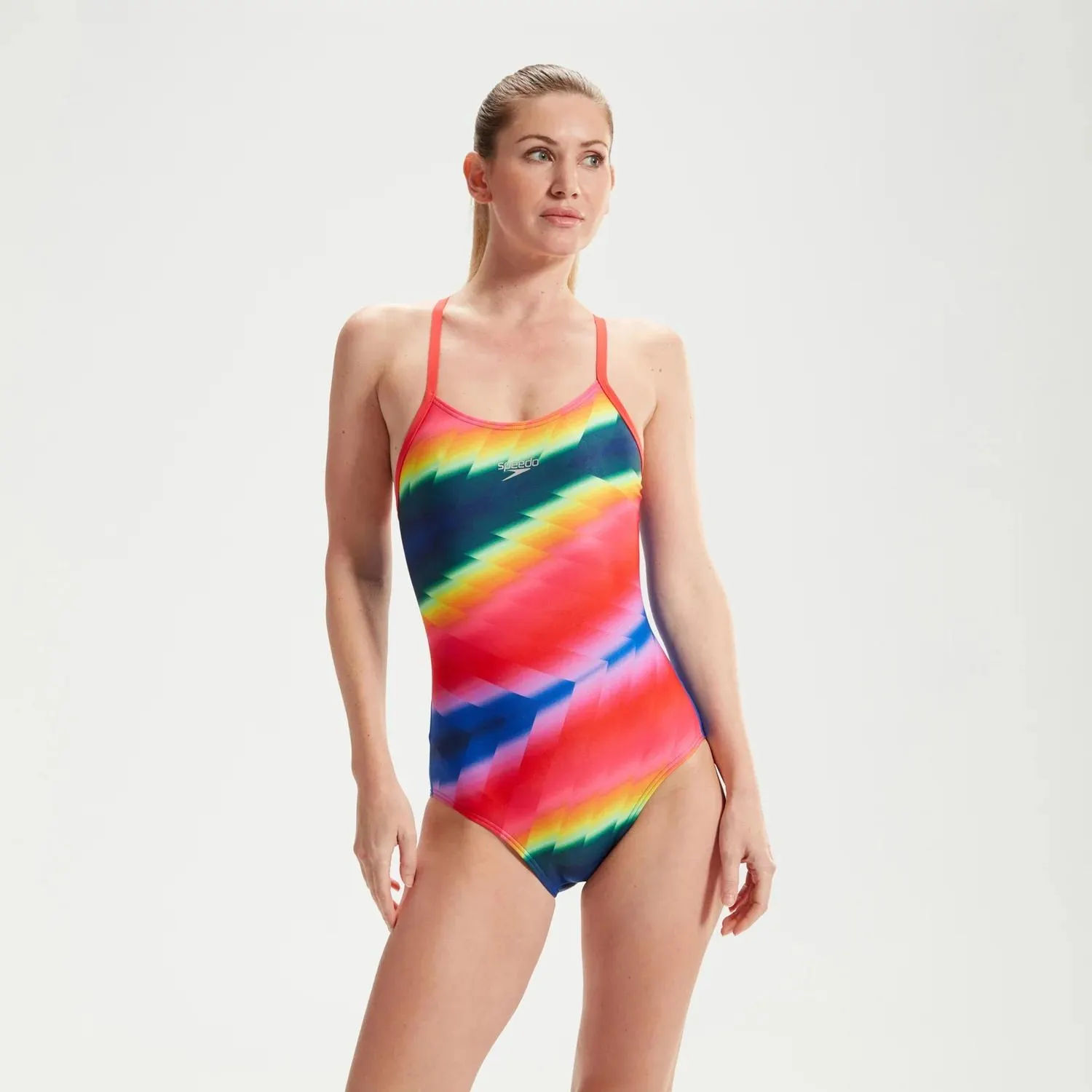 Women's Allover Digital Crossback Swimsuit Blue/Red/Orange
