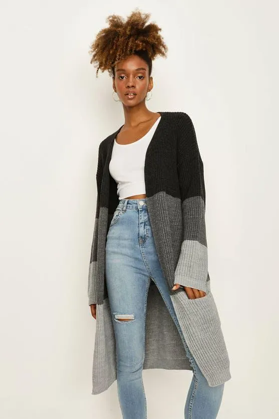 Grey Colour Block Maxi Cardigan