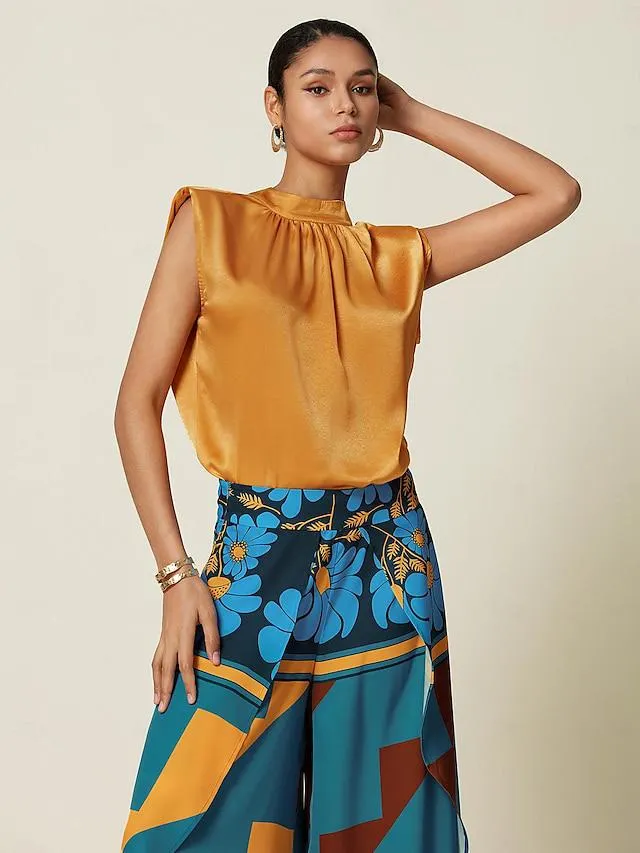 Women's Blouse Satin Solid / Plain Color Casual Daily Sleeveless Gold Modern Style Pure Color Shimmery Sleeveless Clean Fit High Neck Spring & Summer