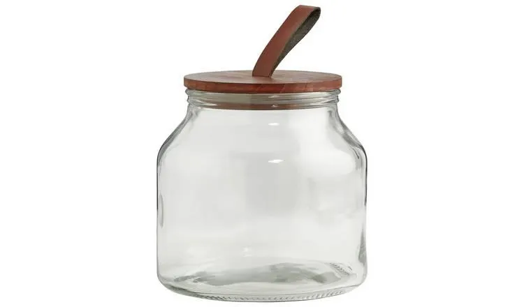 Habitat 2 Litre Wood Faux Leather Lid Glass Jar - Clear