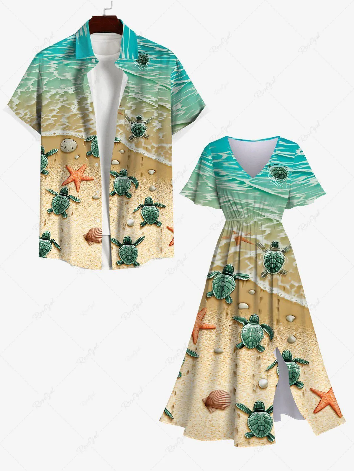 Vacation Style Sea Creatures Beach Starfish Turtle Shell Print Plus Size Hawaii Beach Outfit for Couples