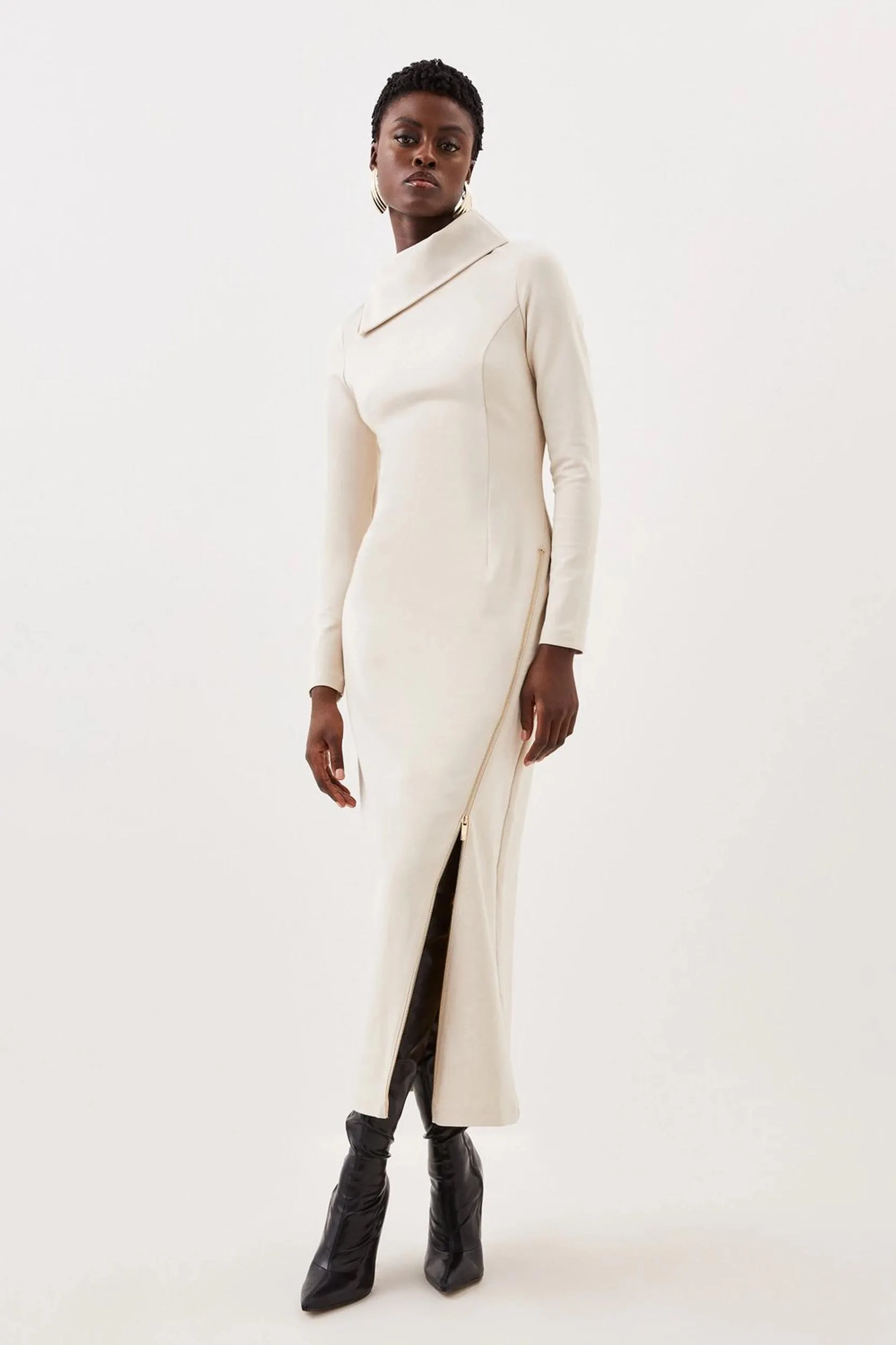 Ponte Zip Detail Midi Dress