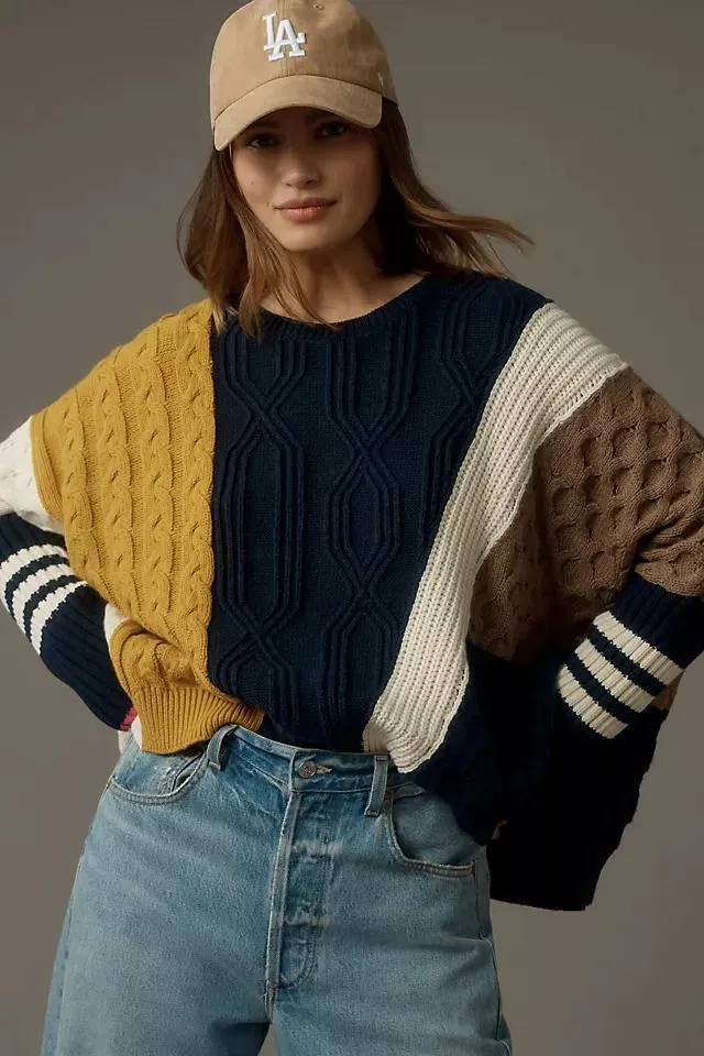 Maeve Oversized Stripe-Sleeve Cable Knit Jumper