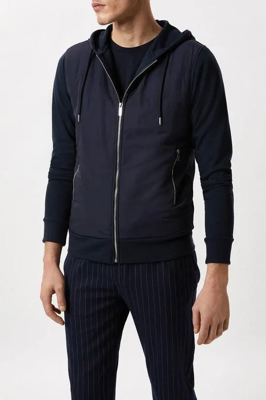 Navy Nylon Panel Hooded Jacket